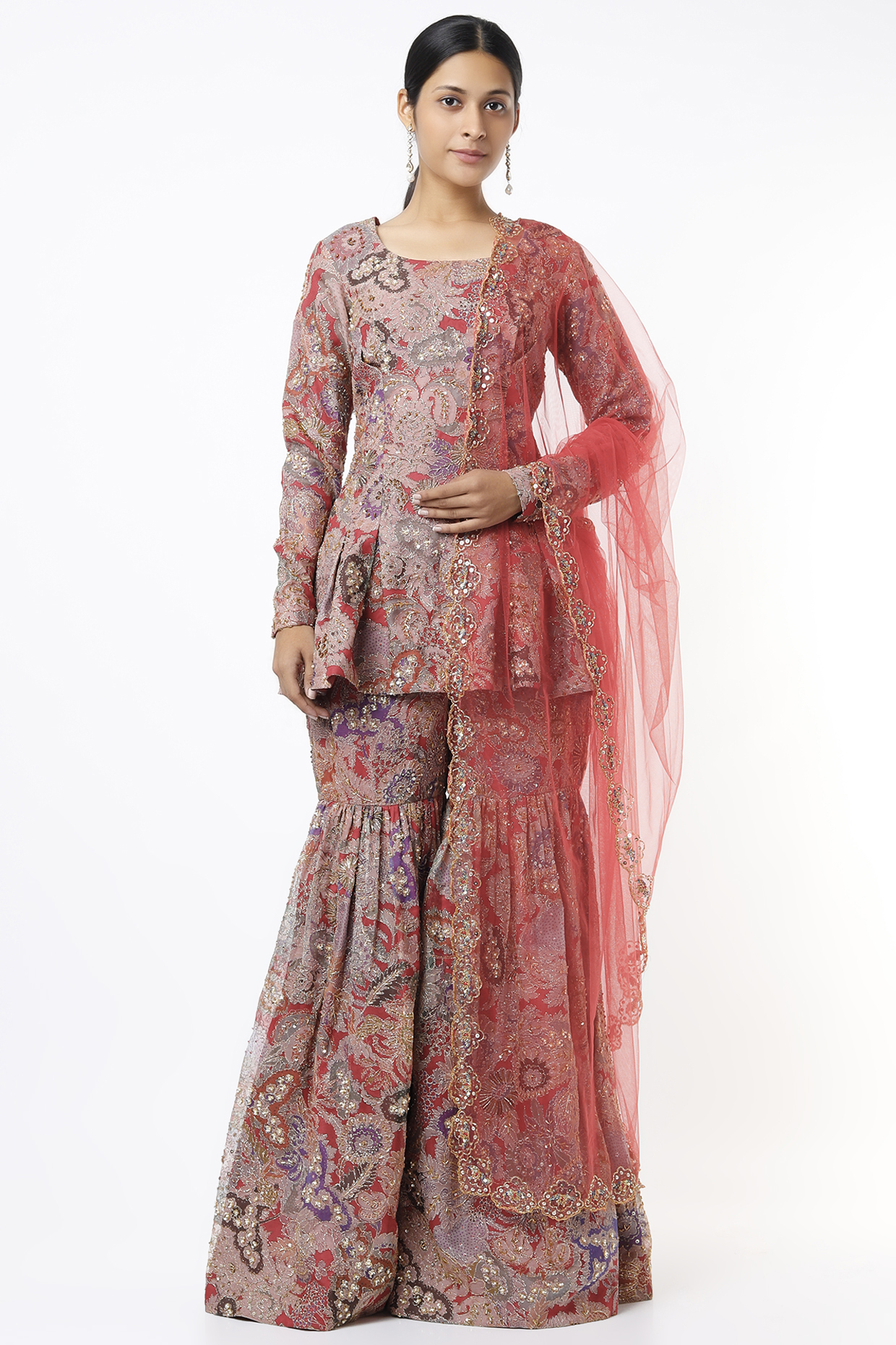 Red Printed & Embellished Bridal Sharara Set by Aisha Rao at Pernia's Pop Up Shop