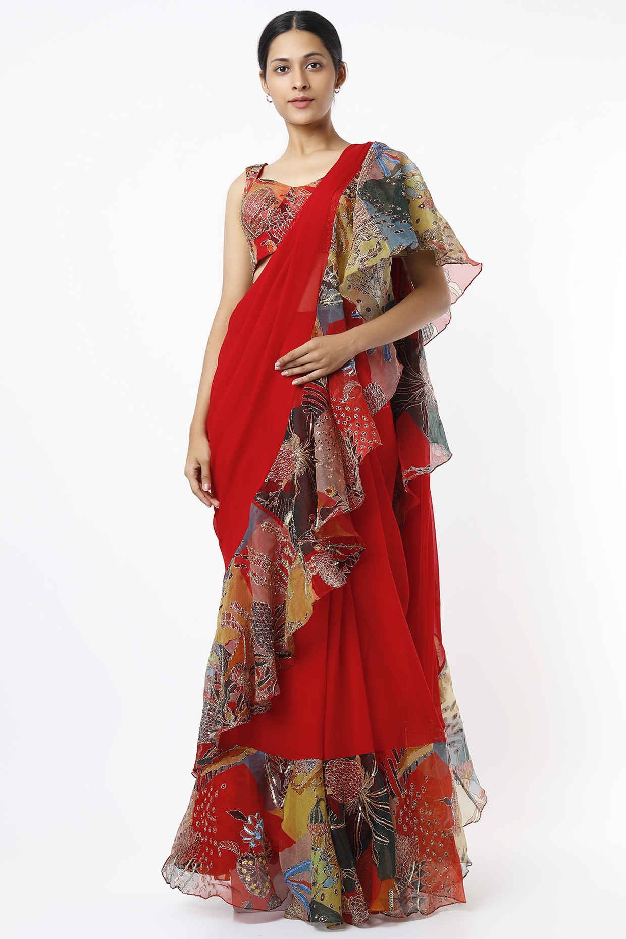 Fiery Red Indian Organza Printed & Embellished Ruffled Reception Saree Set by Aisha Rao at Pernia's Pop Up Shop