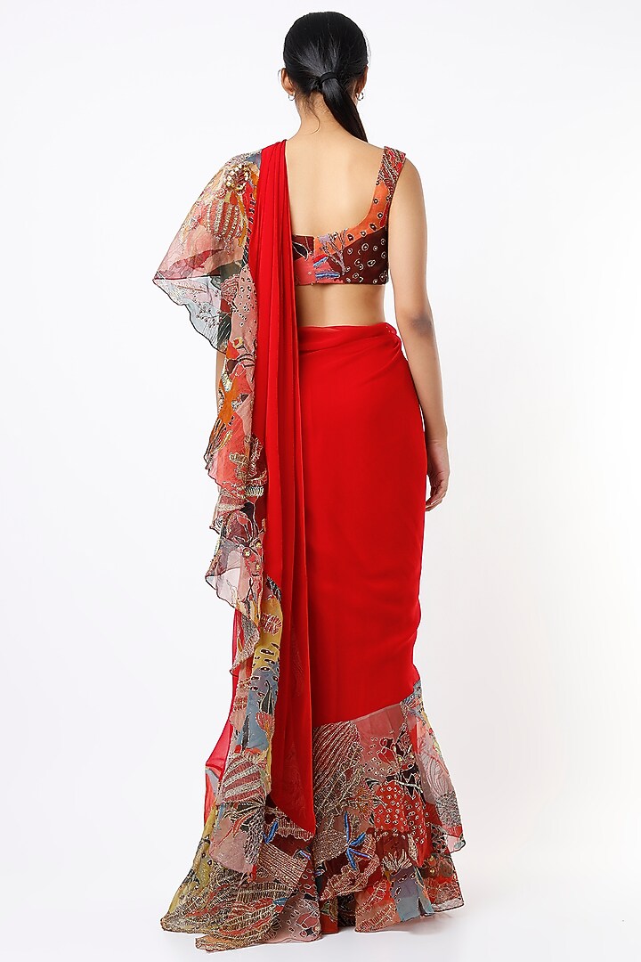 Fiery Red Indian Organza Printed & Embellished Ruffled Reception Saree Set by Aisha Rao at Pernia's Pop Up Shop