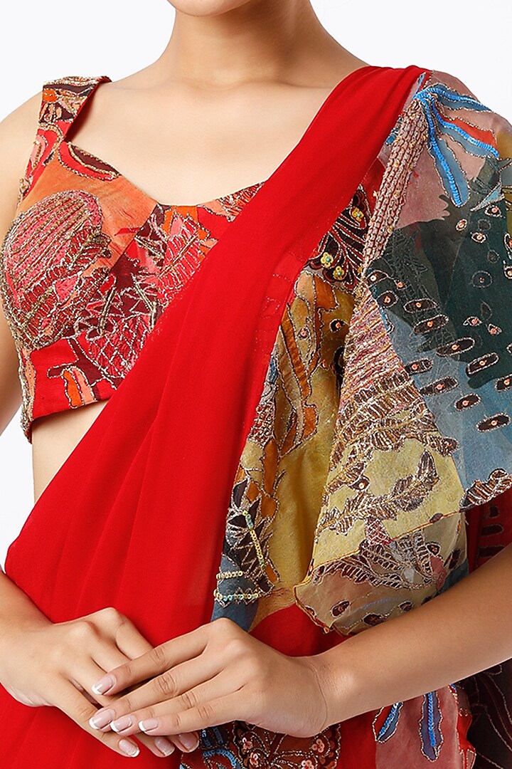 Fiery Red Indian Organza Printed & Embellished Ruffled Reception Saree Set by Aisha Rao at Pernia's Pop Up Shop