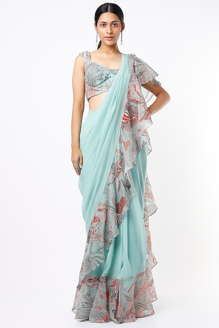 Powder Blue Indian Organza Printed & Embellished Ruffled Saree Set

 by Aisha Rao