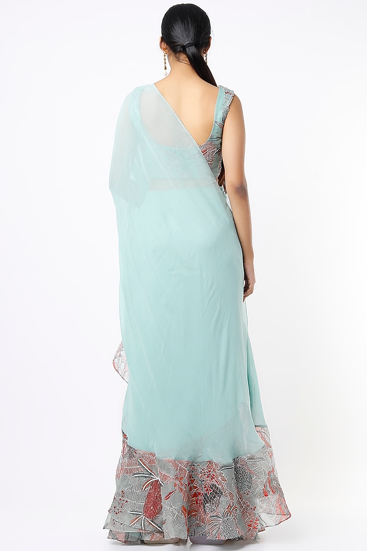 Powder Blue Indian Organza Printed & Embellished Ruffled Reception Saree Set
by Aisha Rao at Pernia's Pop Up Shop