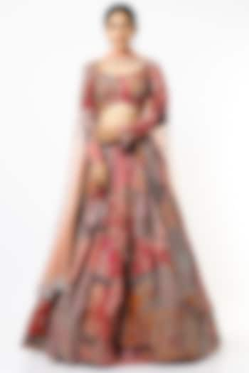 Peach Printed & Embellished Lehenga Set by Aisha Rao