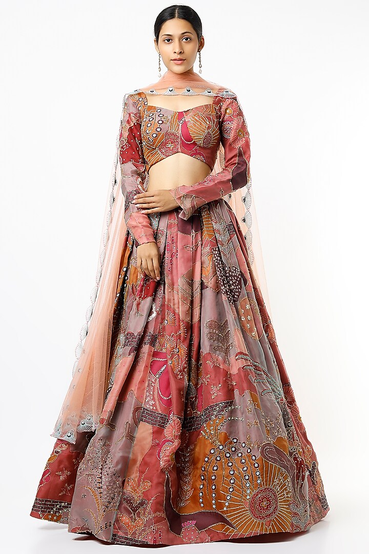 Peach Printed & Embellished Lehenga Set by Aisha Rao