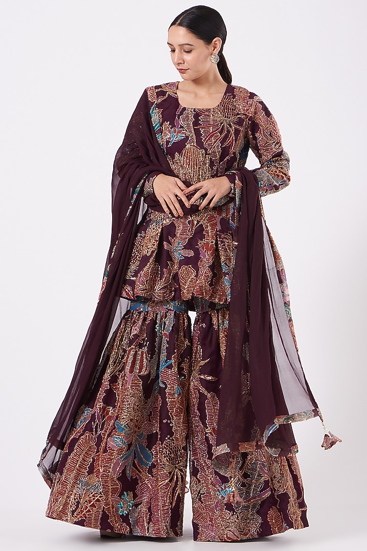 Plum Printed & Embroidered Bridal Sharara Set by Aisha Rao at Pernia's Pop Up Shop
