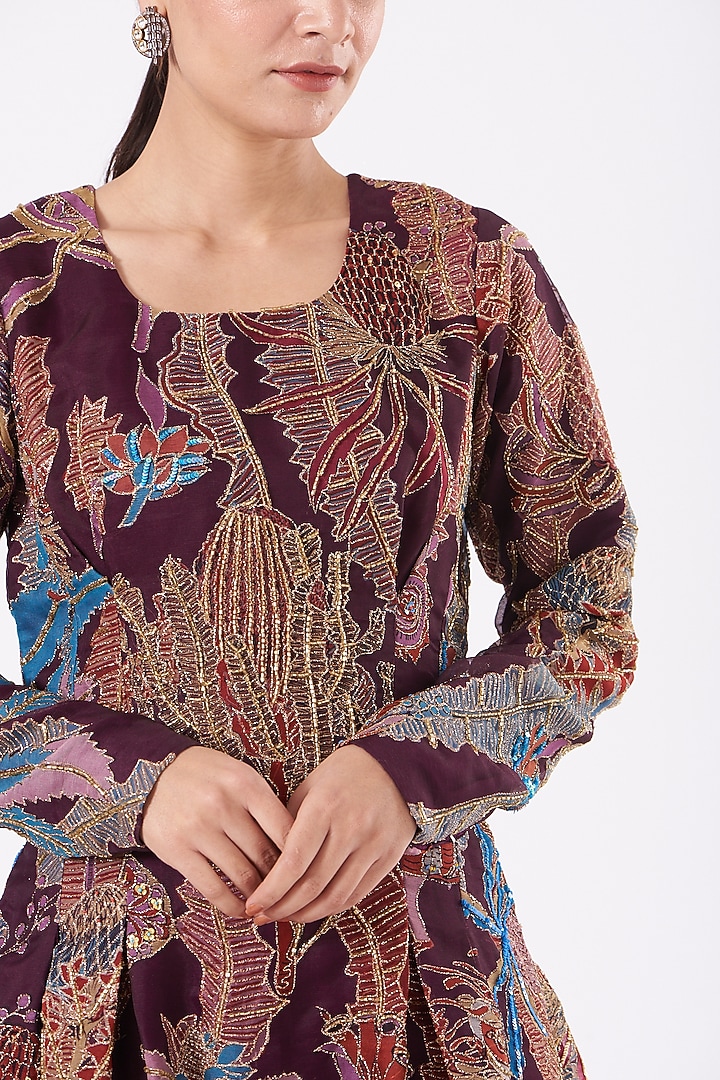 Plum Printed & Embroidered Bridal Sharara Set by Aisha Rao at Pernia's Pop Up Shop