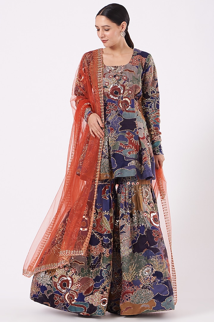 Cobalt Blue Printed & Embroidered Bridal Sharara Set by Aisha Rao at Pernia's Pop Up Shop