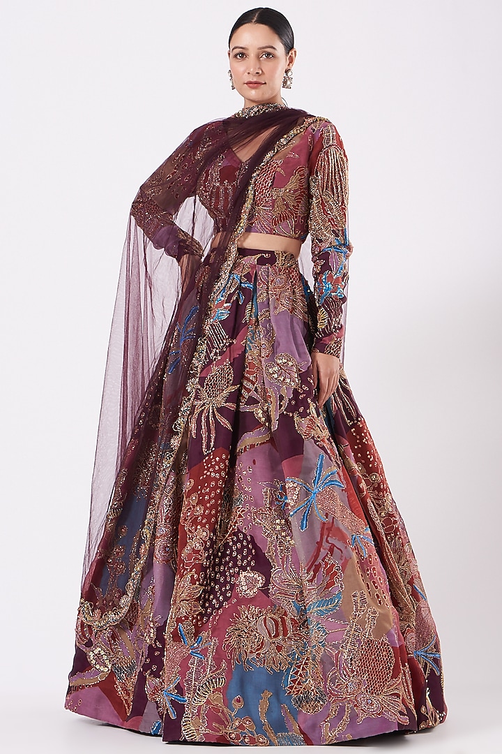 Plum Printed & Embroidered Box-Pleated Bridal Lehenga Set by Aisha Rao at Pernia's Pop Up Shop
