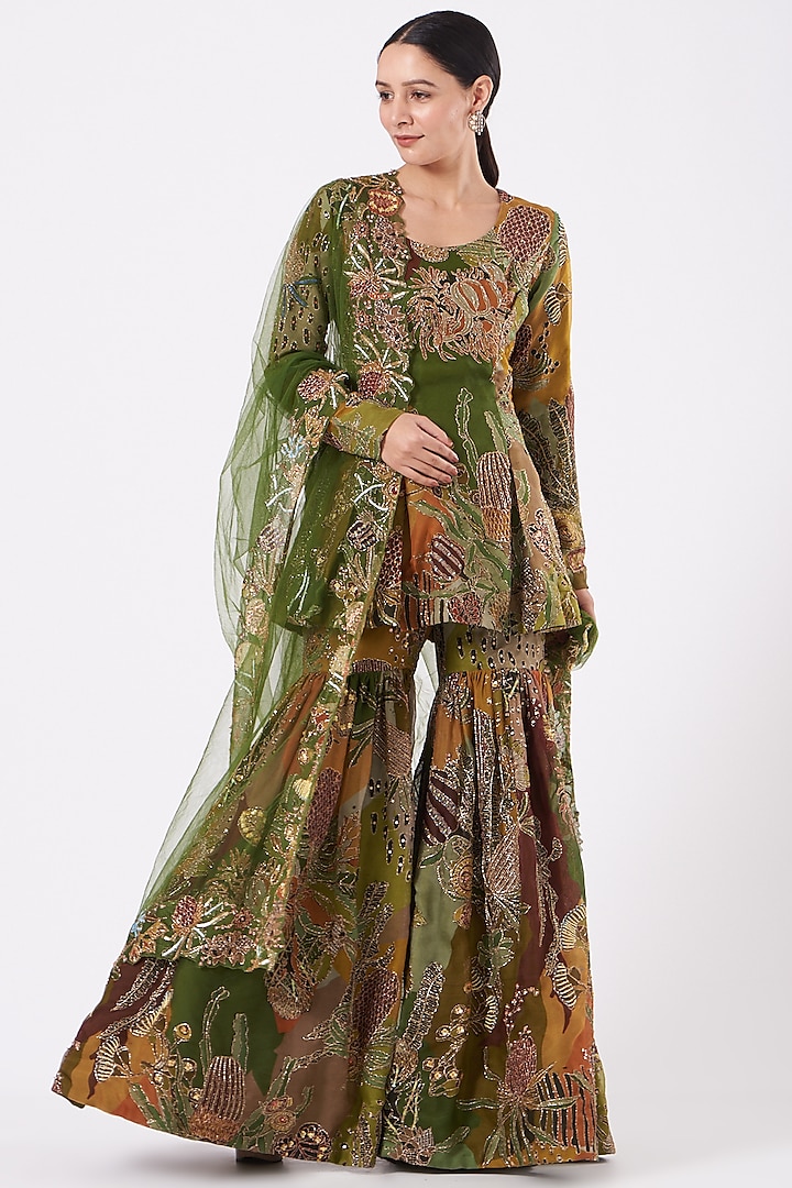 Olive Green Printed & Embroidered Sharara Set by Aisha Rao