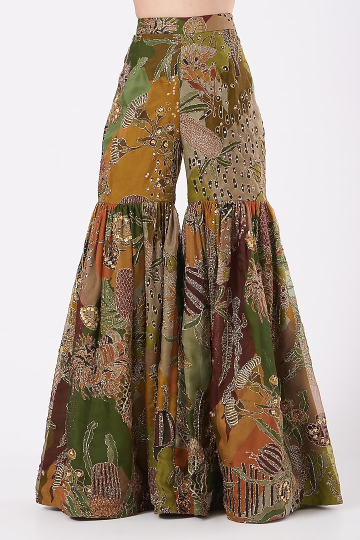 Olive Green Printed & Embroidered Bridal Sharara Set by Aisha Rao at Pernia's Pop Up Shop