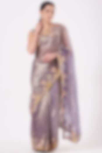 Mauve Tissue Applique Embellished Bridal Saree Set by Aisha Rao at Pernia's Pop Up Shop
