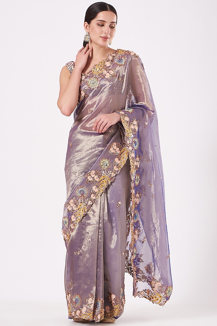 Mauve Tissue Applique Embellished Bridal Saree Set by Aisha Rao at Pernia's Pop Up Shop