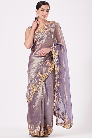 Mauve Tissue Applique Embellished Saree Set by Aisha Rao