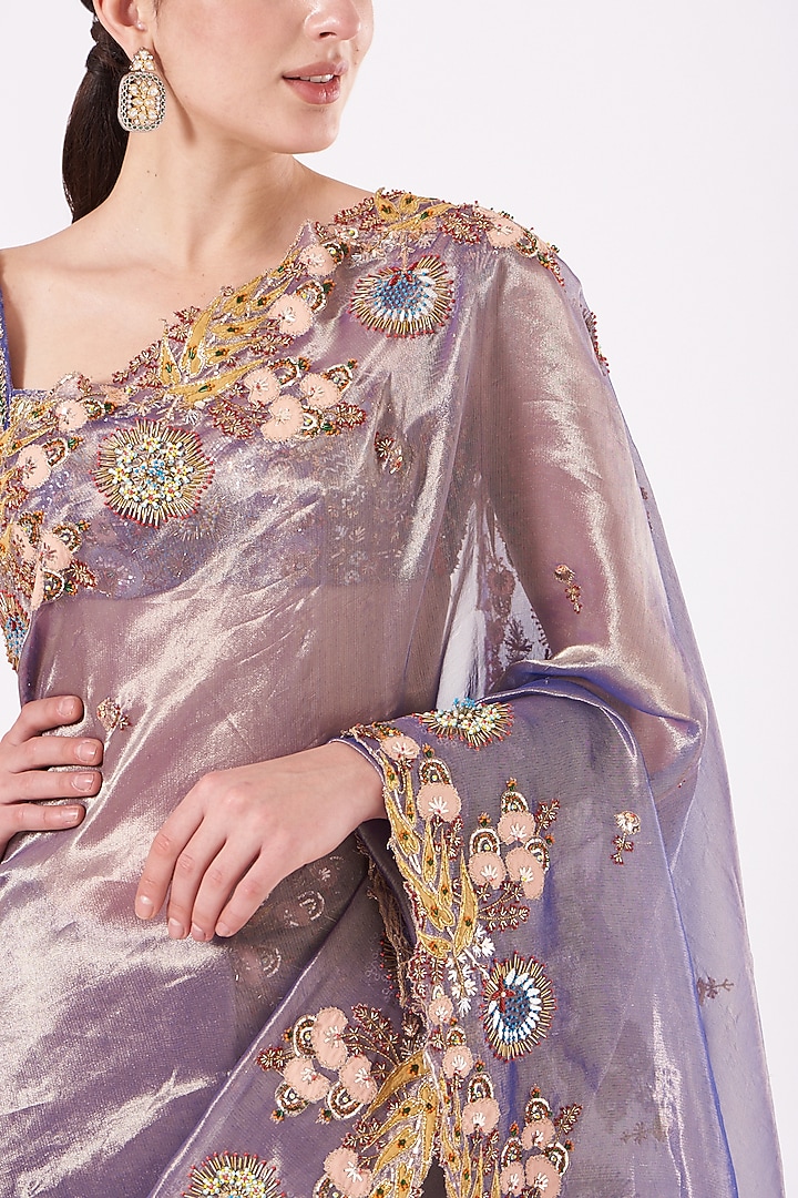 Mauve Tissue Applique Embellished Bridal Saree Set by Aisha Rao at Pernia's Pop Up Shop