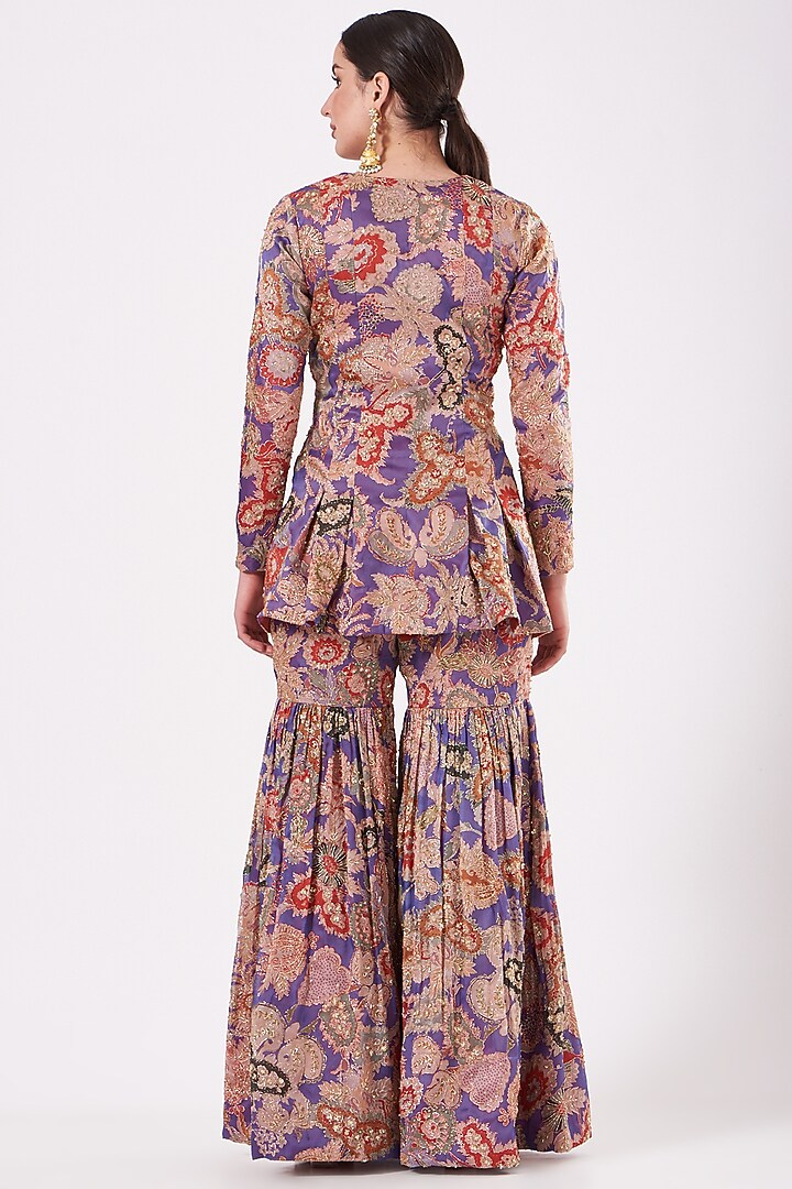 Violet Printed & Embroidered Bridal Sharara Set by Aisha Rao at Pernia's Pop Up Shop