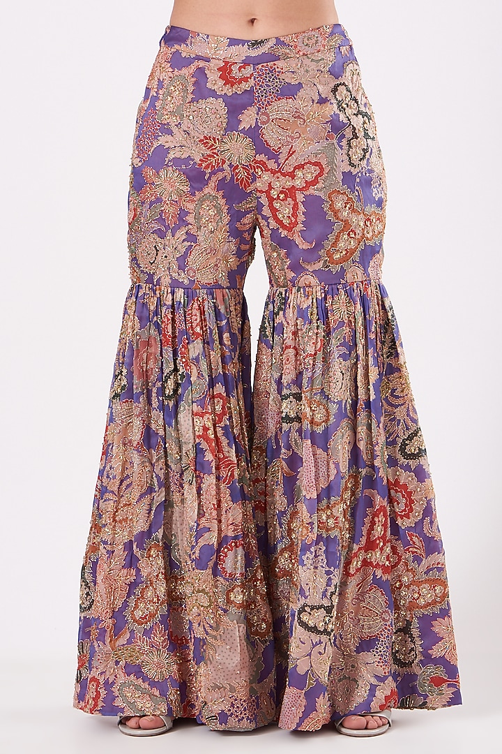 Violet Printed & Embroidered Bridal Sharara Set by Aisha Rao at Pernia's Pop Up Shop