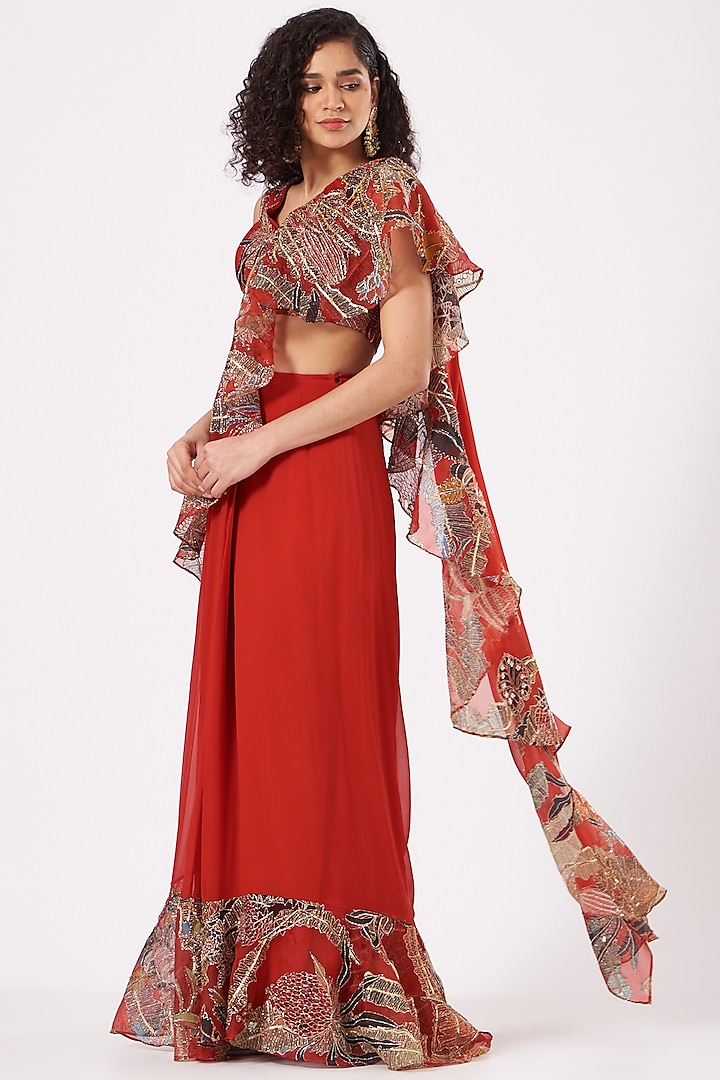 Fiery Red Indian Organza Printed & Embroidered Ruffled Saree Set by Aisha Rao