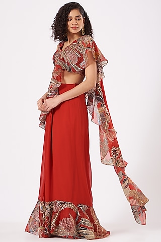 Fiery Red Indian Organza Printed & Embroidered Ruffled Saree Set by Aisha Rao