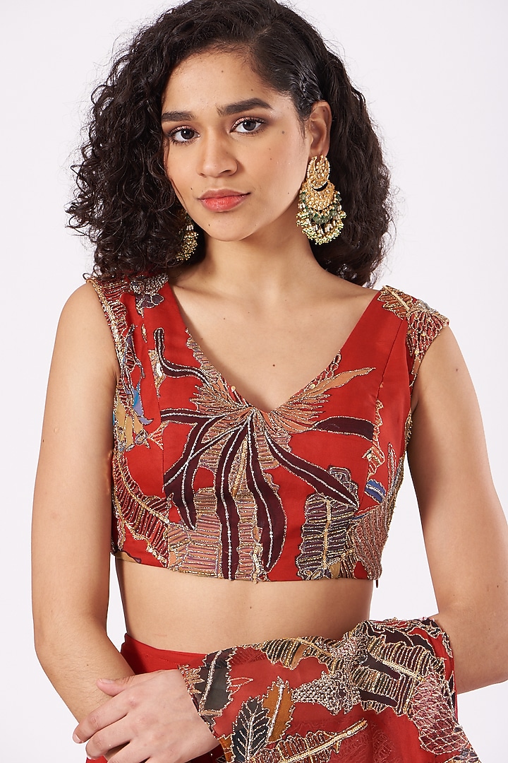 Fiery Red Indian Organza Printed & Embroidered Ruffled Reception Saree Set by Aisha Rao at Pernia's Pop Up Shop