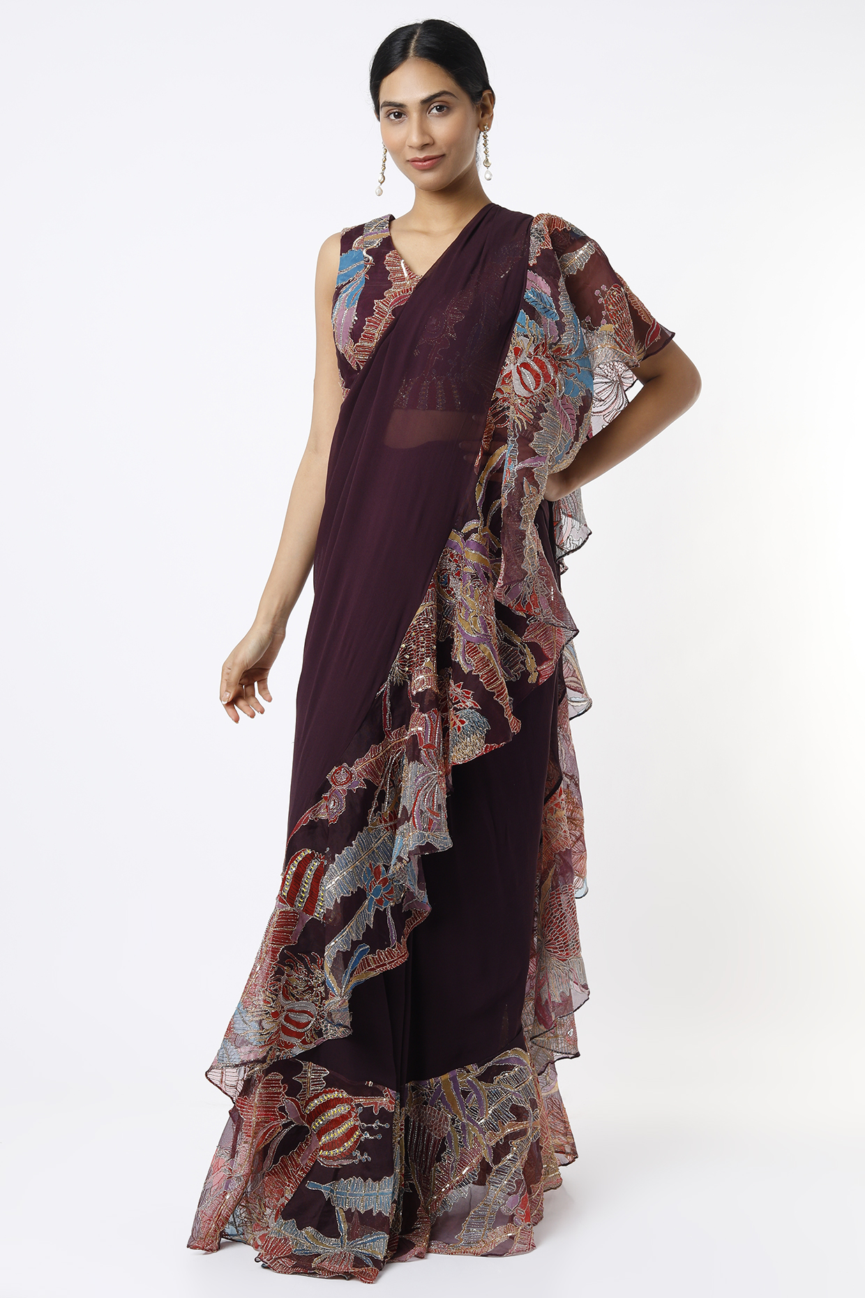 Plum Indian Organza Printed & Embroidered Ruffled Saree Set by Aisha Rao