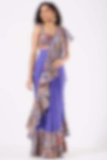 Dodger Blue Indian Organza Printed & Embroidered Ruffled Reception Saree Set by Aisha Rao at Pernia's Pop Up Shop
