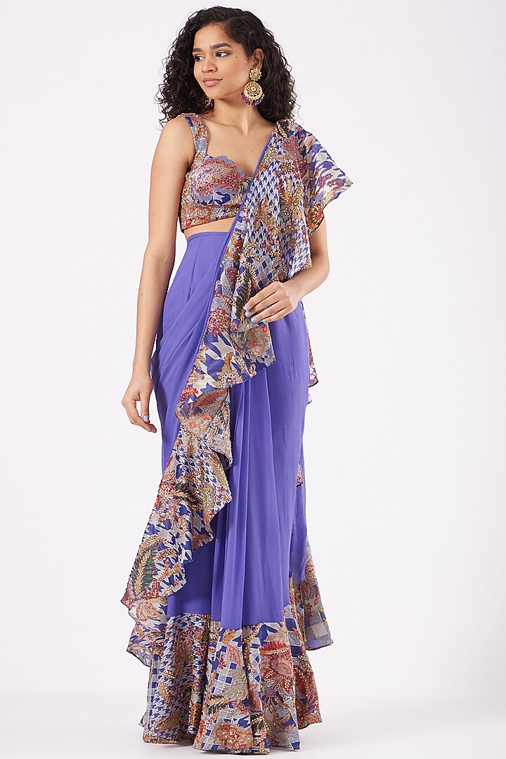 Dodger Blue Indian Organza Printed & Embroidered Ruffled Reception Saree Set by Aisha Rao at Pernia's Pop Up Shop