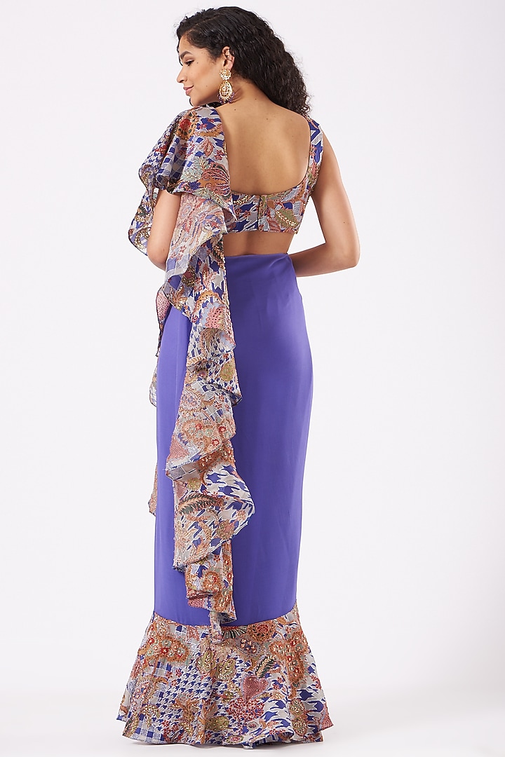Dodger Blue Indian Organza Printed & Embroidered Ruffled Reception Saree Set by Aisha Rao at Pernia's Pop Up Shop