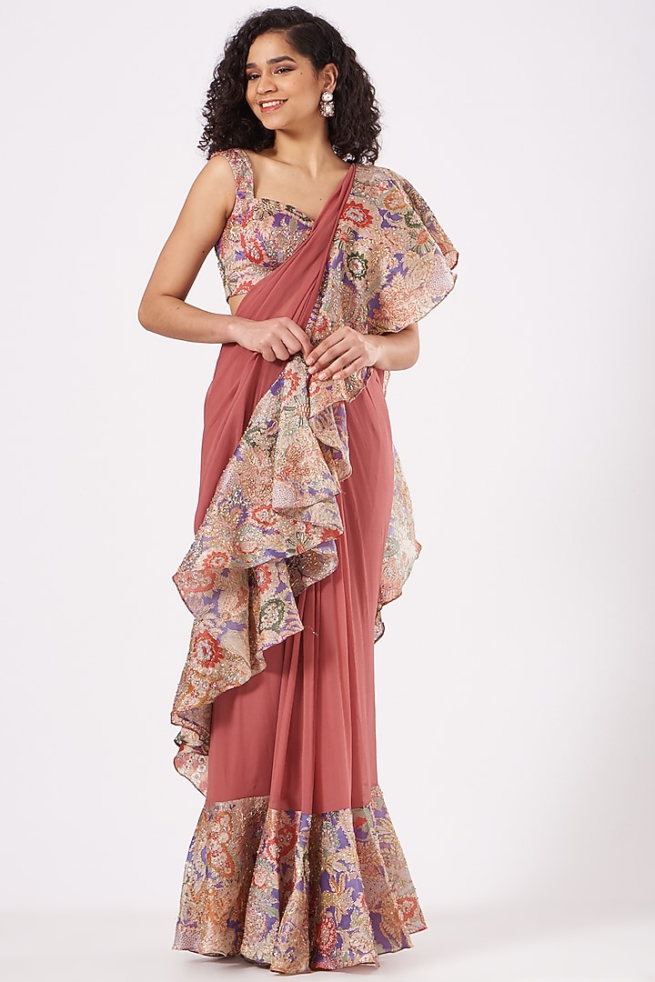 Tropical Peach Printed & Embellished Ruffled Reception Saree Set by Aisha Rao at Pernia's Pop Up Shop