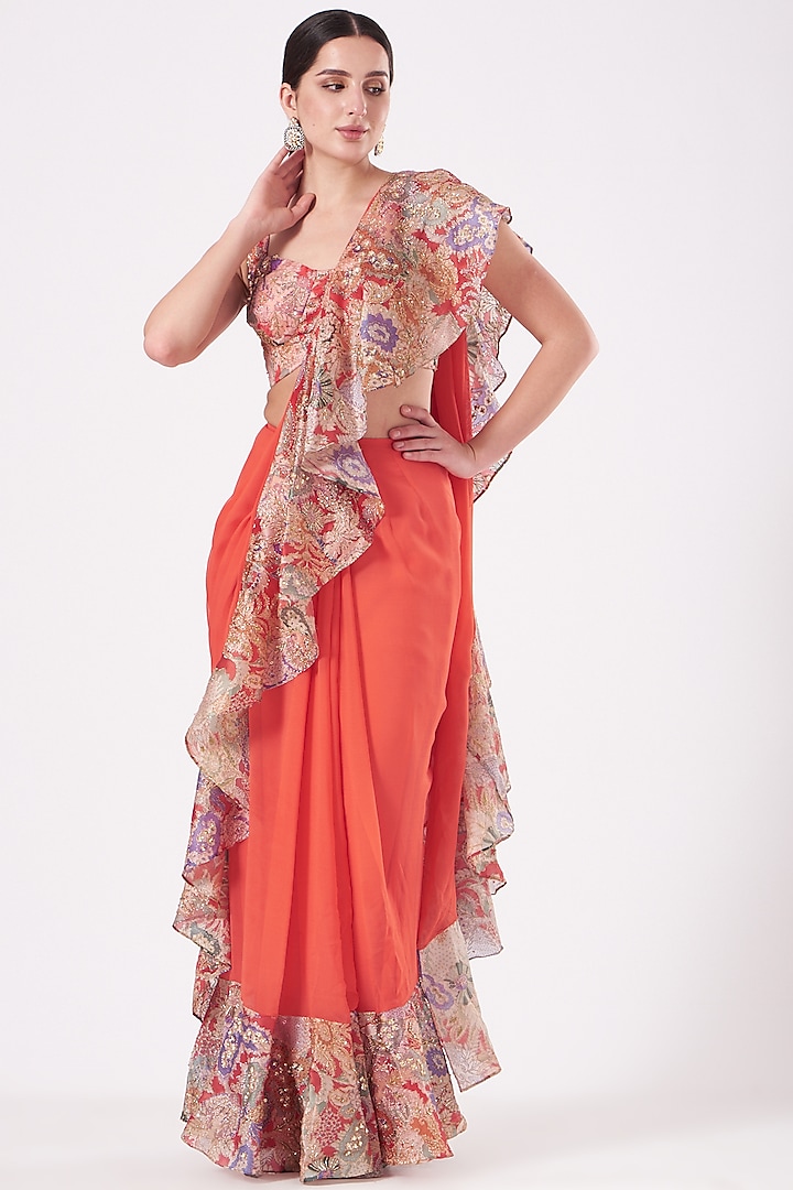 Tomato Red Printed & Embellished Ruffled Saree Set by Aisha Rao