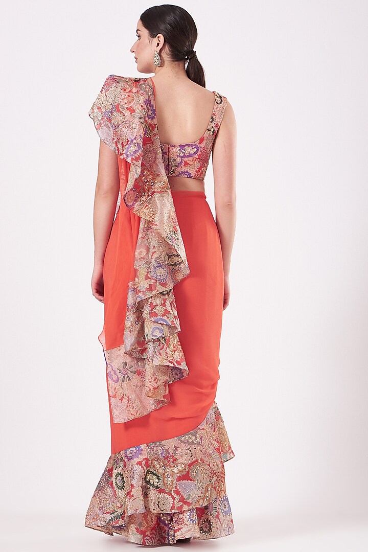 Tomato Red Printed & Embellished Ruffled Reception Saree Set by Aisha Rao at Pernia's Pop Up Shop