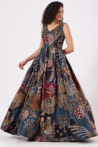 Multi-Colored Printed & Embellished Gown by Aisha Rao