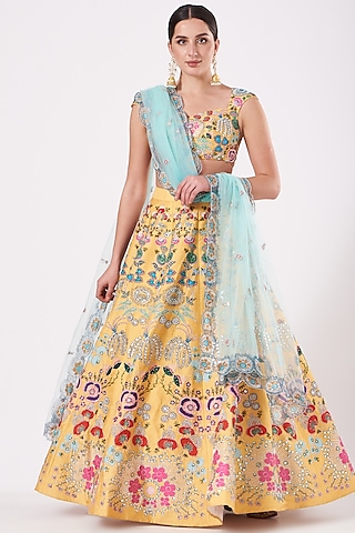 Pale Yellow Embellished Kalidar Lehenga Set by Aisha Rao