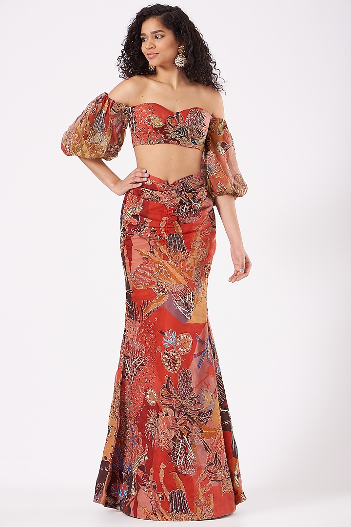 Tomato Red Printed & Embellished Skirt Set by Aisha Rao at Pernia's Pop Up Shop