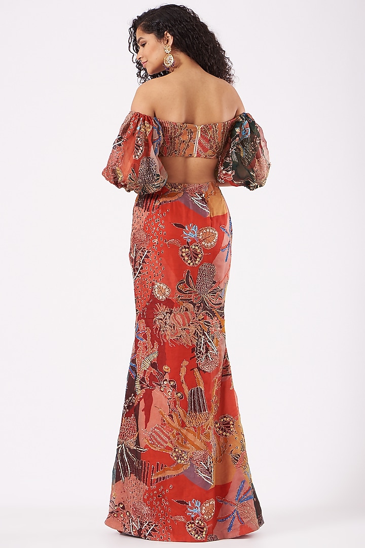 Tomato Red Printed & Embellished Skirt Set by Aisha Rao at Pernia's Pop Up Shop