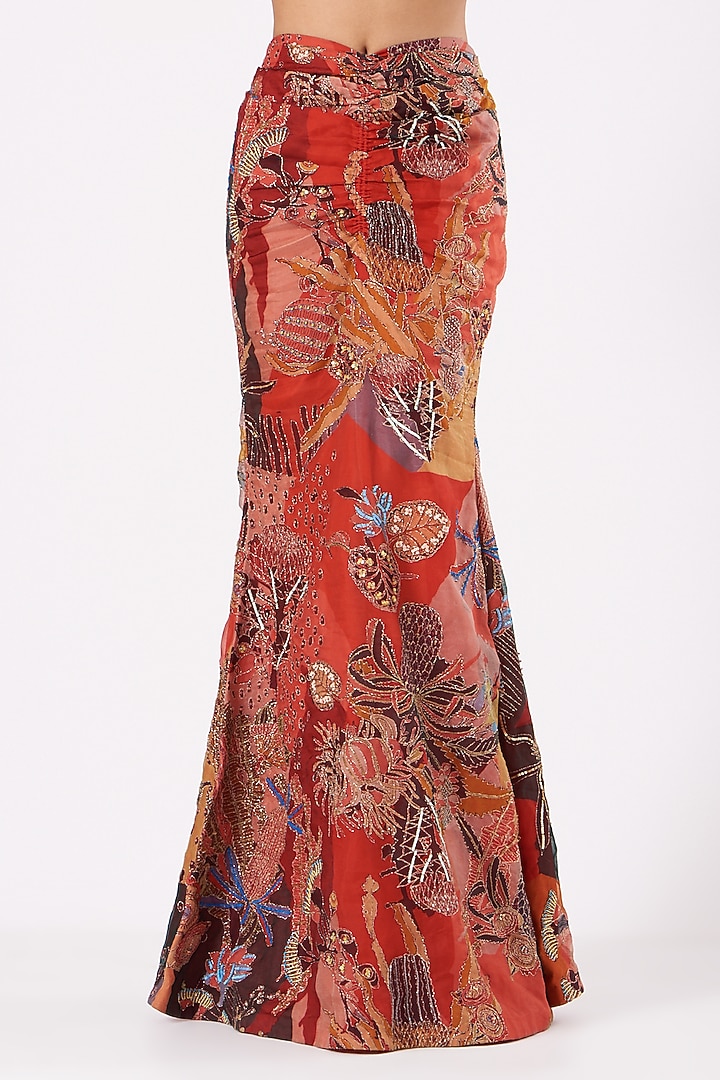 Tomato Red Printed & Embellished Skirt Set by Aisha Rao at Pernia's Pop Up Shop