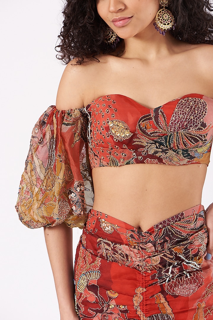 Tomato Red Printed & Embellished Skirt Set by Aisha Rao at Pernia's Pop Up Shop
