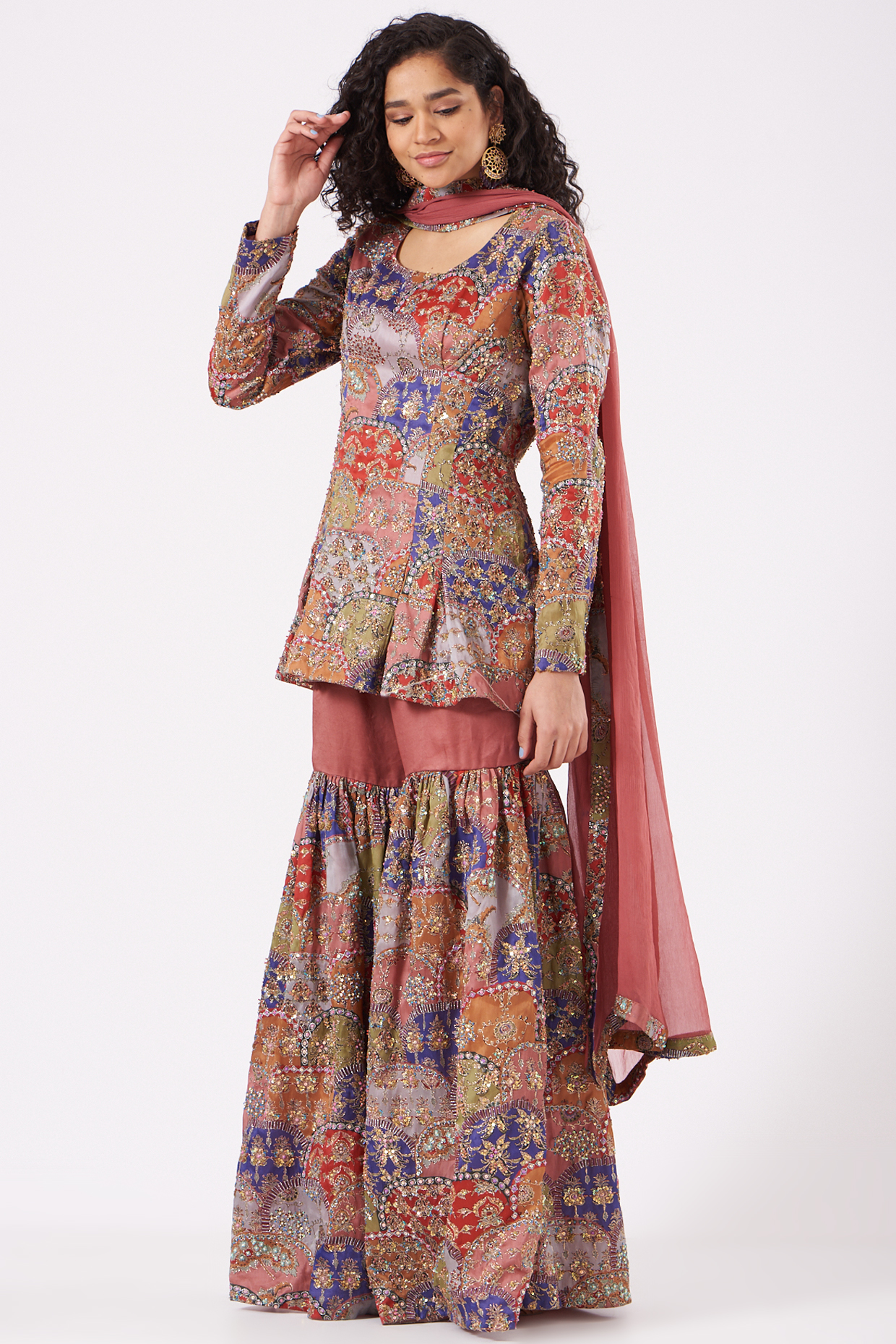 Burst Peach Printed & Embellished Bridal Sharara Set by Aisha Rao at Pernia's Pop Up Shop