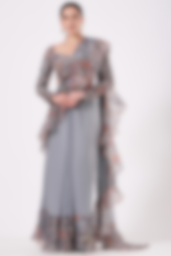 Grey Printed & Embellished Ruffled Saree Set by Aisha Rao