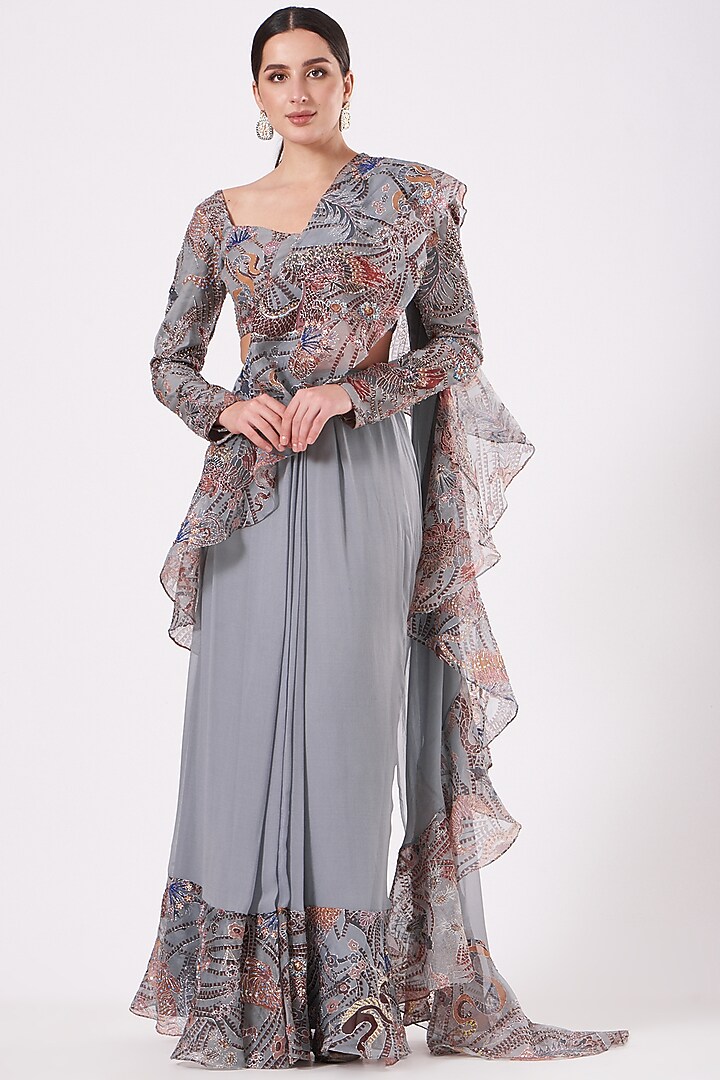 Grey Printed & Embellished Ruffled Reception Saree Set by Aisha Rao at Pernia's Pop Up Shop