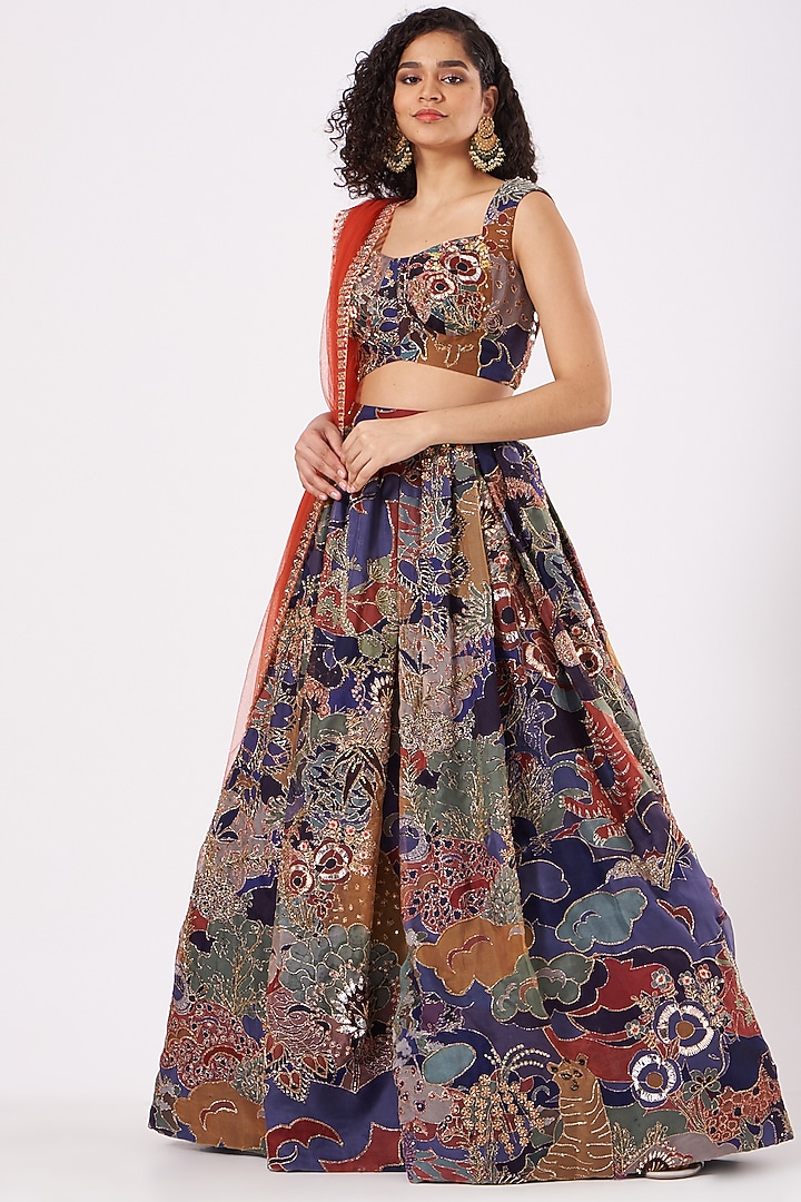 Blueberry Printed & Embellished Box-Pleated Bridal Lehenga Set by Aisha Rao at Pernia's Pop Up Shop