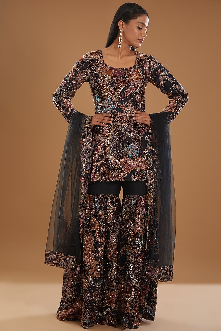 Black Organza Printed & Embellished Bridal Sharara Set by Aisha Rao at Pernia's Pop Up Shop