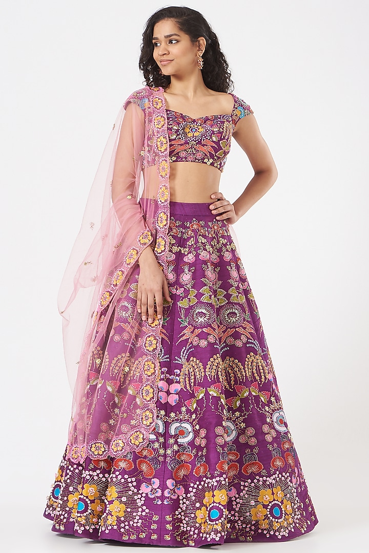 Purple Embroidered Bridal Lehenga Set by Aisha Rao at Pernia's Pop Up Shop