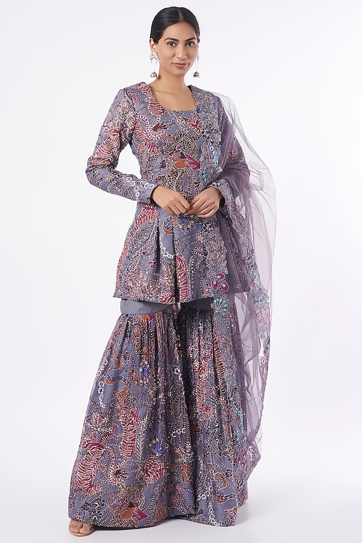 Grey Printed & Embroidered Sharara Set by Aisha Rao