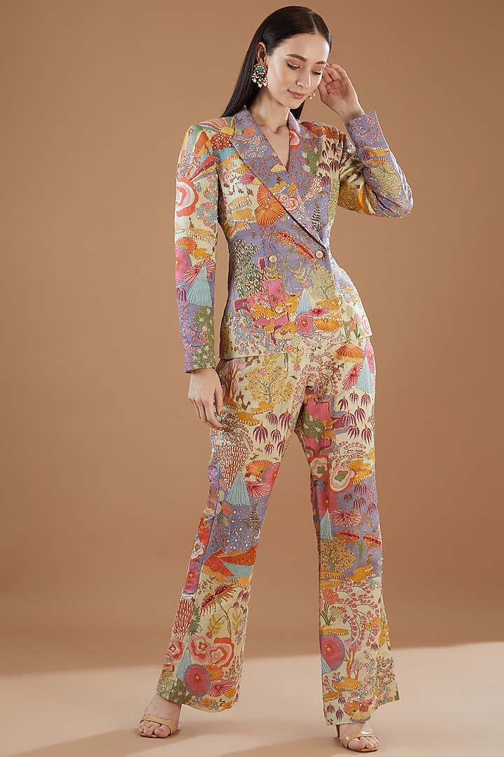 Multi-Colored Satin Printed Pant Set by Aisha Rao