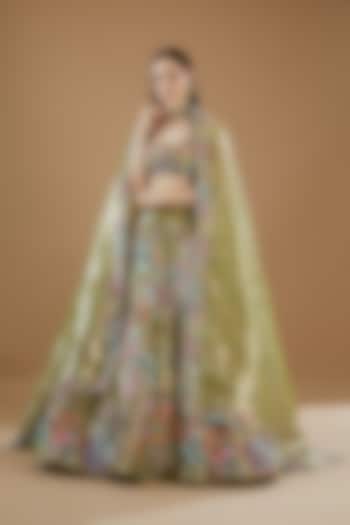 Mehendi Green Tissue Embellished Bridal lehenga for 22 Lehenga Set by Aisha Rao at Pernia's Pop Up Shop