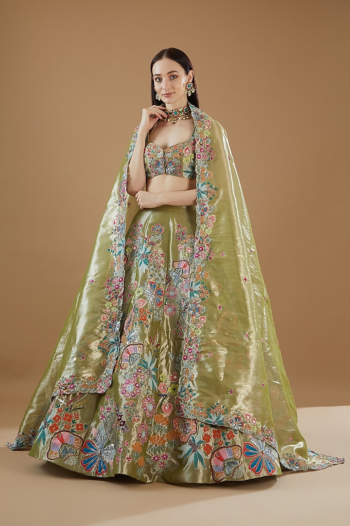 Mehendi Green Tissue Embellished Bridal lehenga for 22 Lehenga Set by Aisha Rao at Pernia's Pop Up Shop