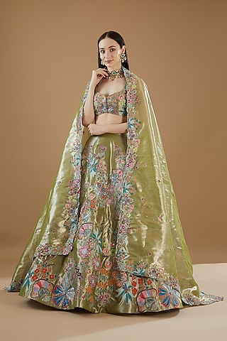 Mehendi Green Tissue Embellished Lehenga Set by Aisha Rao