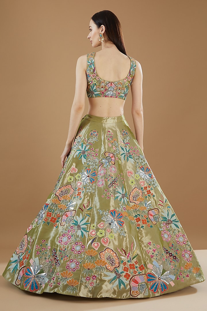 Mehendi Green Tissue Embellished Bridal Lehenga Set by Aisha Rao at Pernia's Pop Up Shop