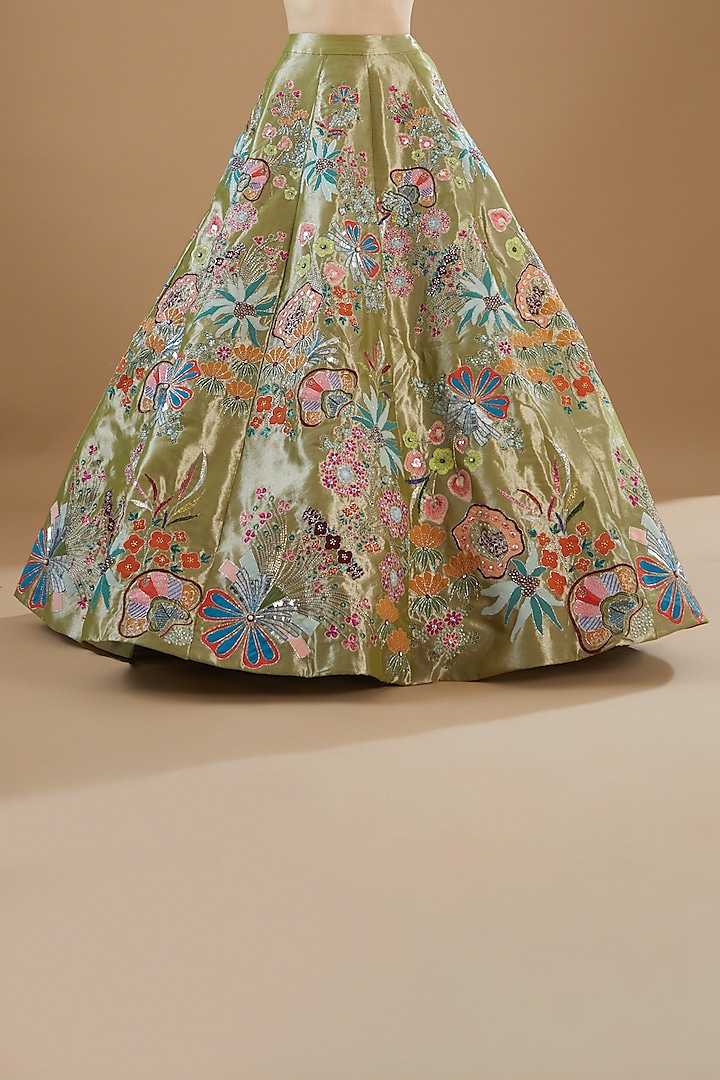 Mehendi Green Tissue Embellished Bridal Lehenga Set by Aisha Rao at Pernia's Pop Up Shop