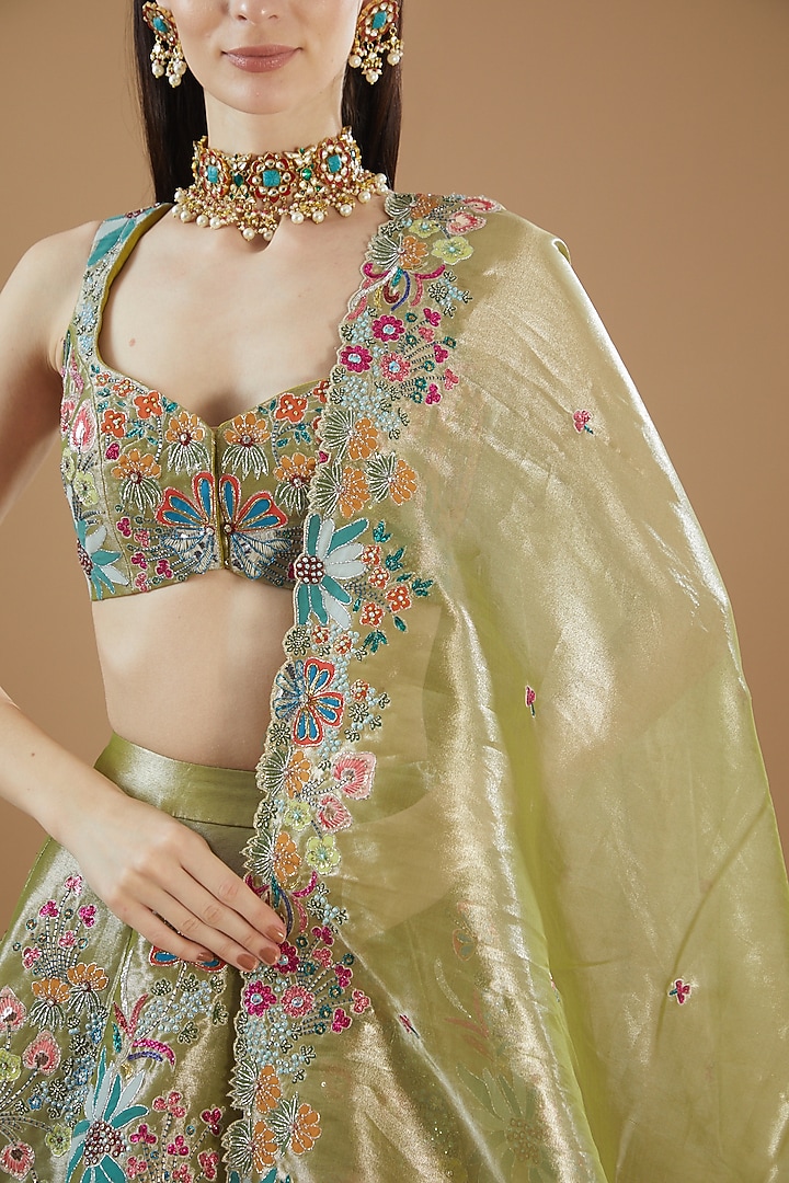 Mehendi Green Tissue Embellished Bridal Lehenga Set by Aisha Rao at Pernia's Pop Up Shop
